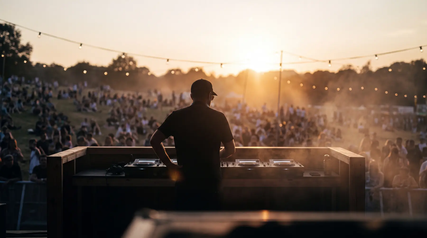 Festivalpodium bij zonsondergang, publiek in het gras